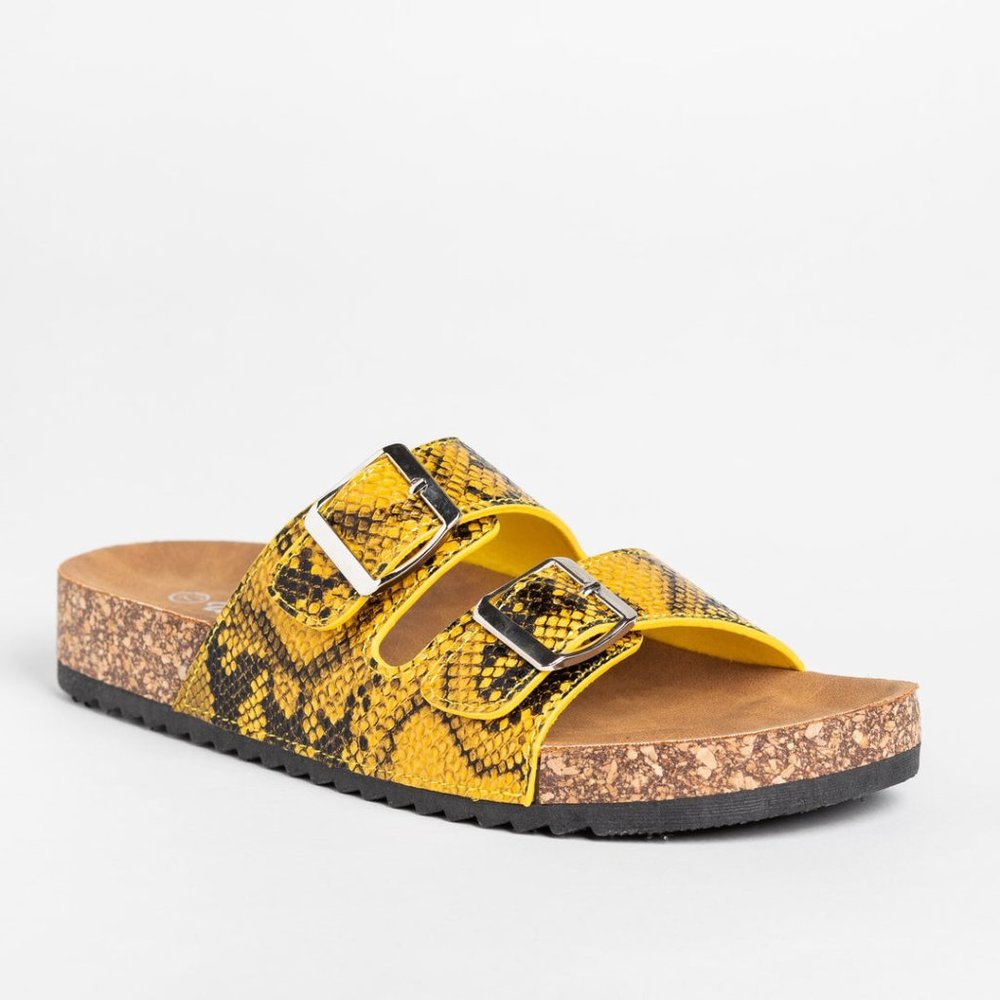 Weeboo Women Slip on Snake Double Buckle Cork Slide Sandals-Neon Yellow - Size 8